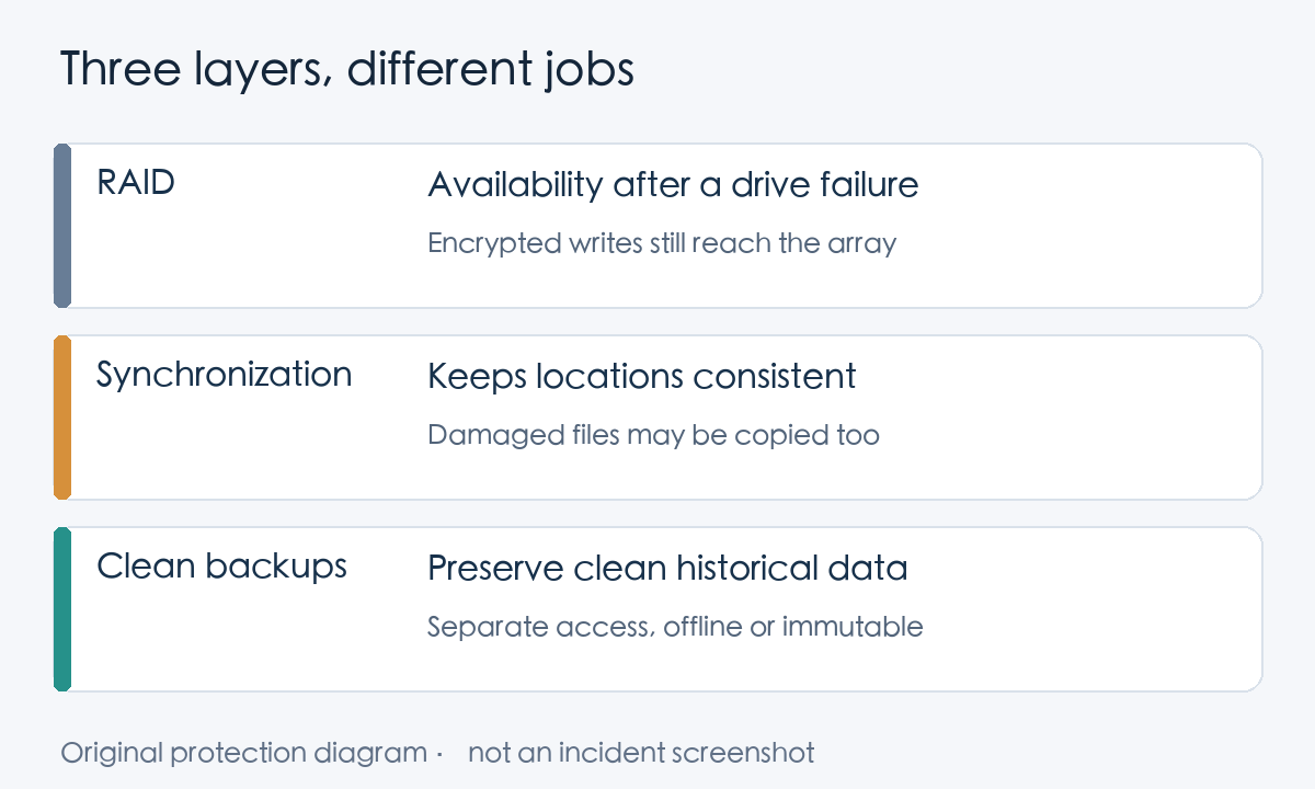 RAID, synchronization and recoverable copies serve different purposes